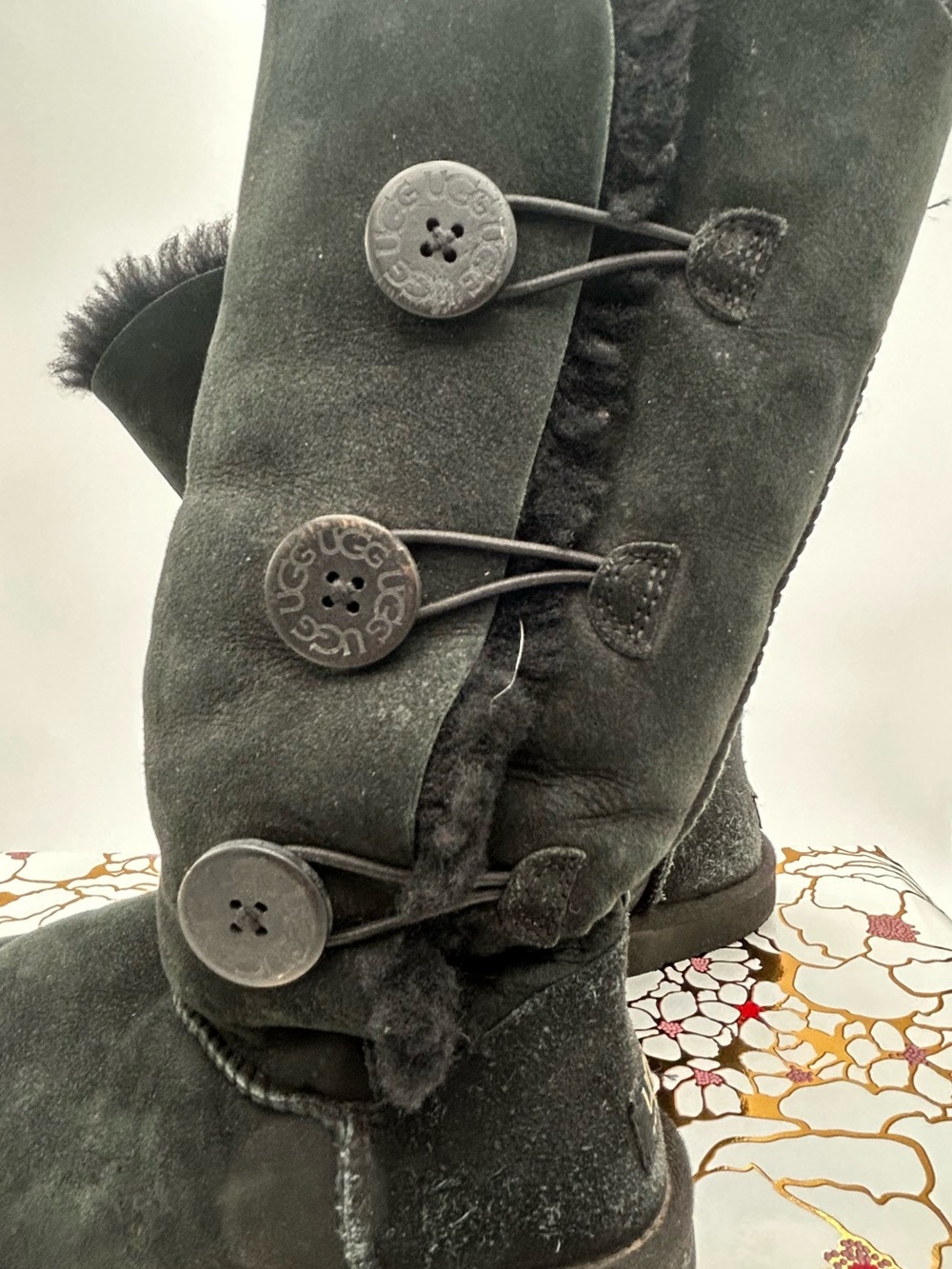 UGG Women's Black Suede Triplet Button Shearling Boots